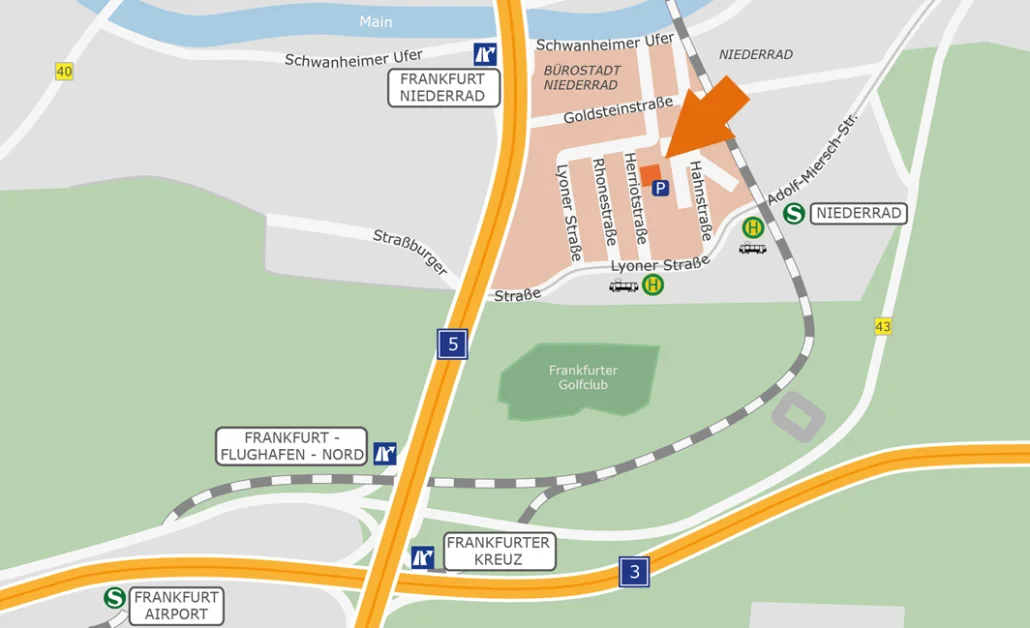 Map showing the way to the Frankfurt training center, Herriotstraße 1 in the Niederrad business district