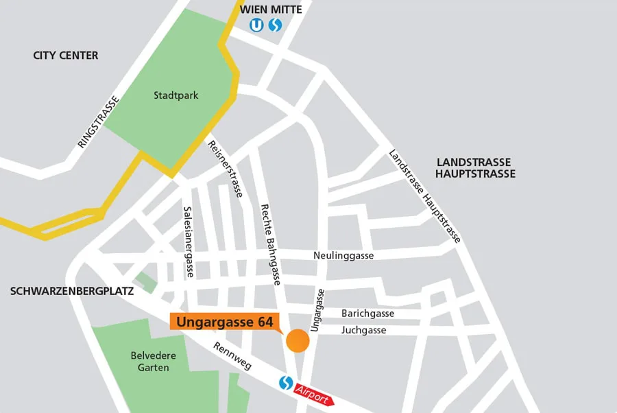 Map showing the way to the Vienna training center, Ungargasse 64 near Rennweg station